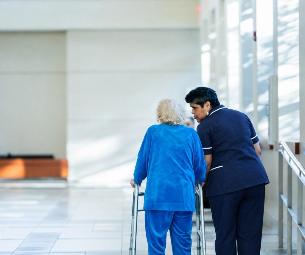 Caregiver assisting elderly woman with walker in hospital corridor.